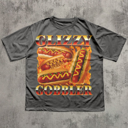 Gray t-shirt with 'Glizzy Gobbler' hot dog graphic on a textured gray background