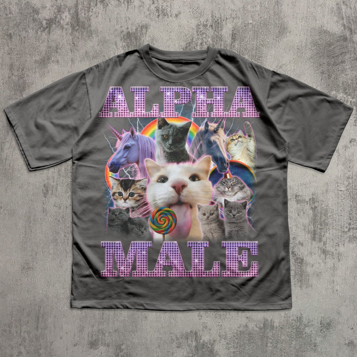 Black Alpha Male graphic T-shirt with playful kitten collage, unicorn illustrations, lightning effects, and a humorous bold retro design.