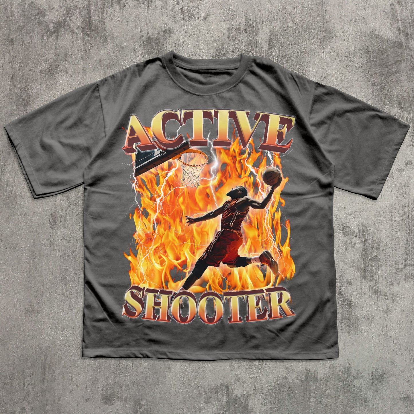 Funny gray t-shirt with 'Active Shooter' graphic design on a textured gray background