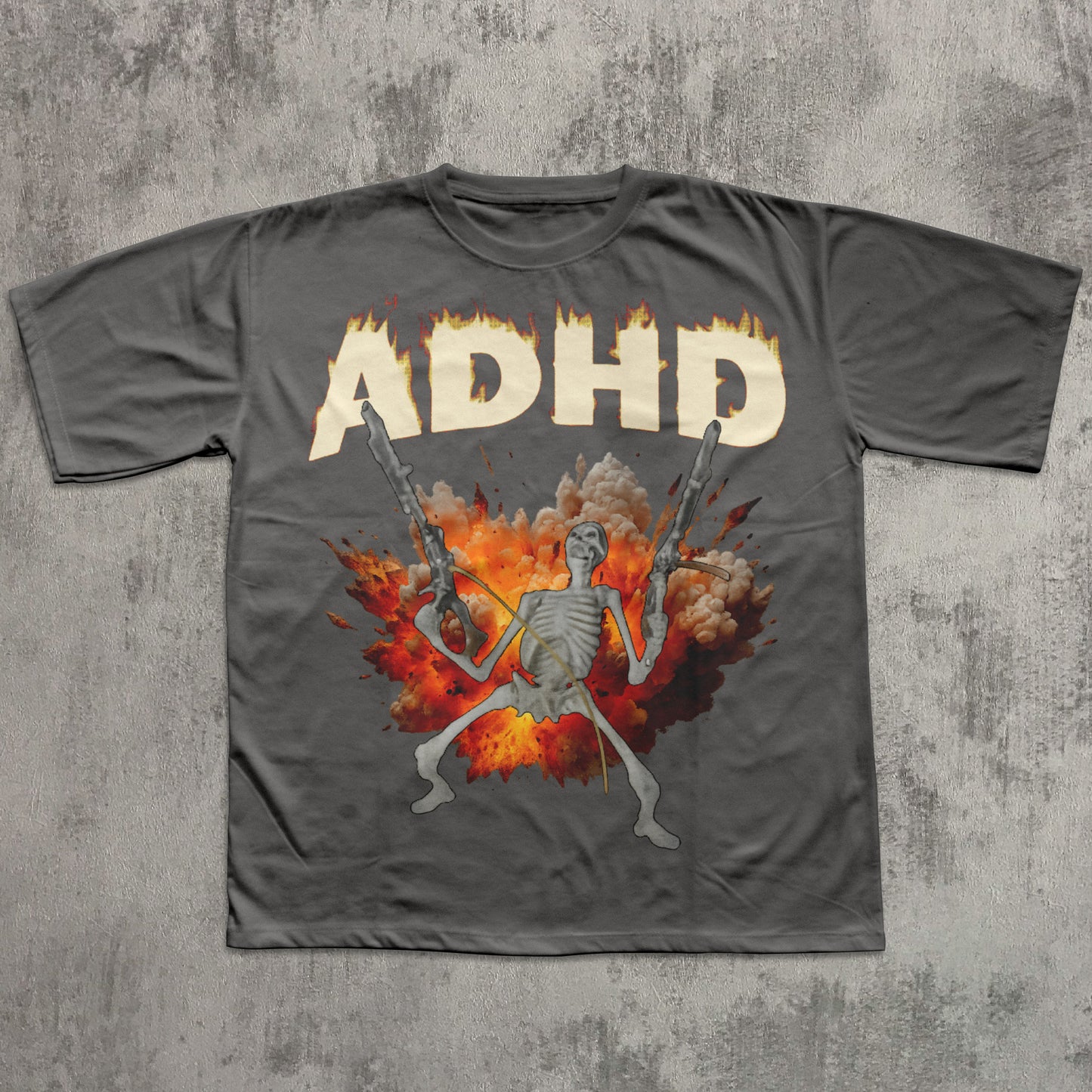 T-shirt with a graphic design featuring a skeleton holding guns and the word 'ADHD' on a concrete background