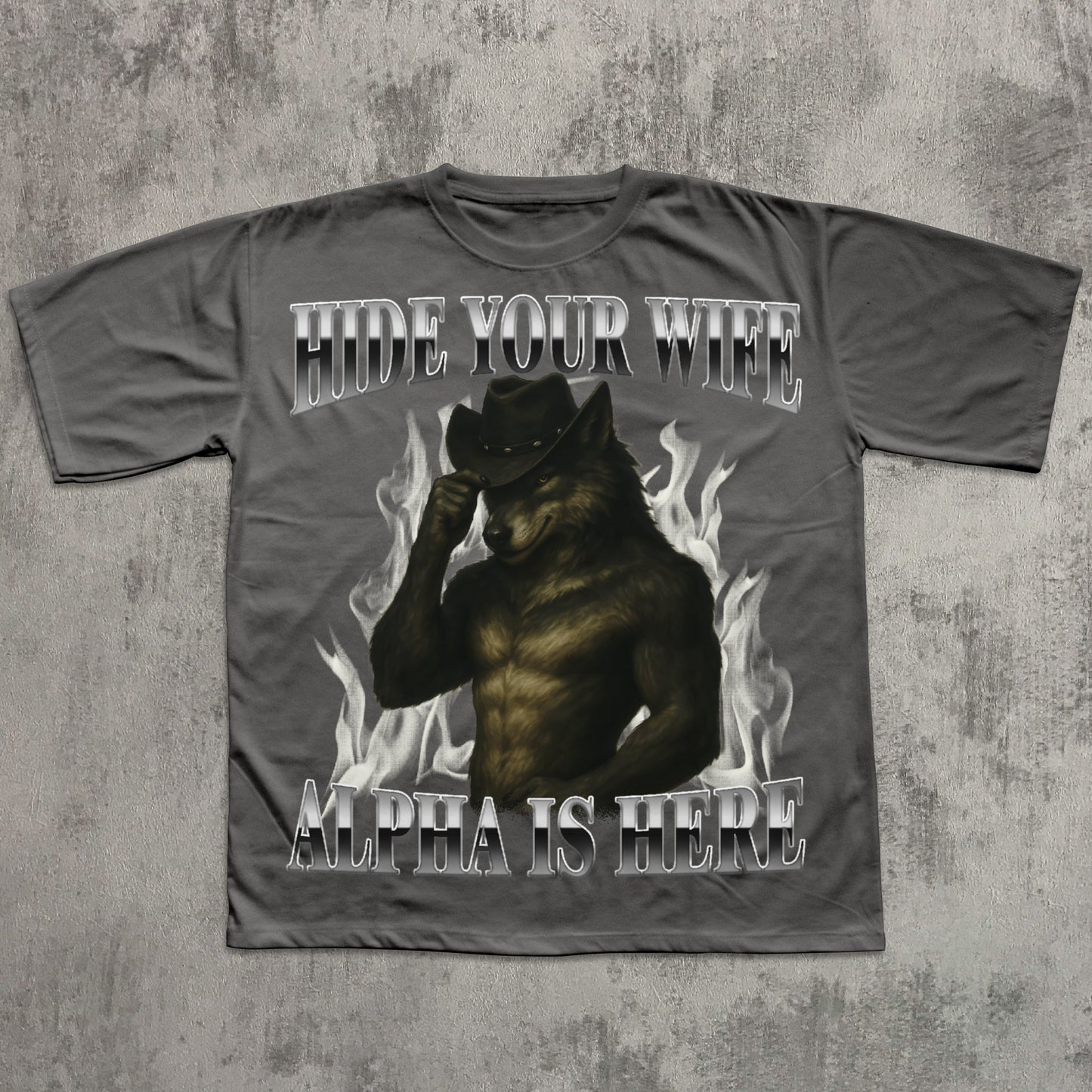 T-shirt with a graphic of a wolf wearing a cowboy hat and text on a textured gray background