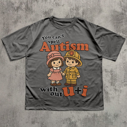 Gray t-shirt with cartoon characters and text on a textured gray background