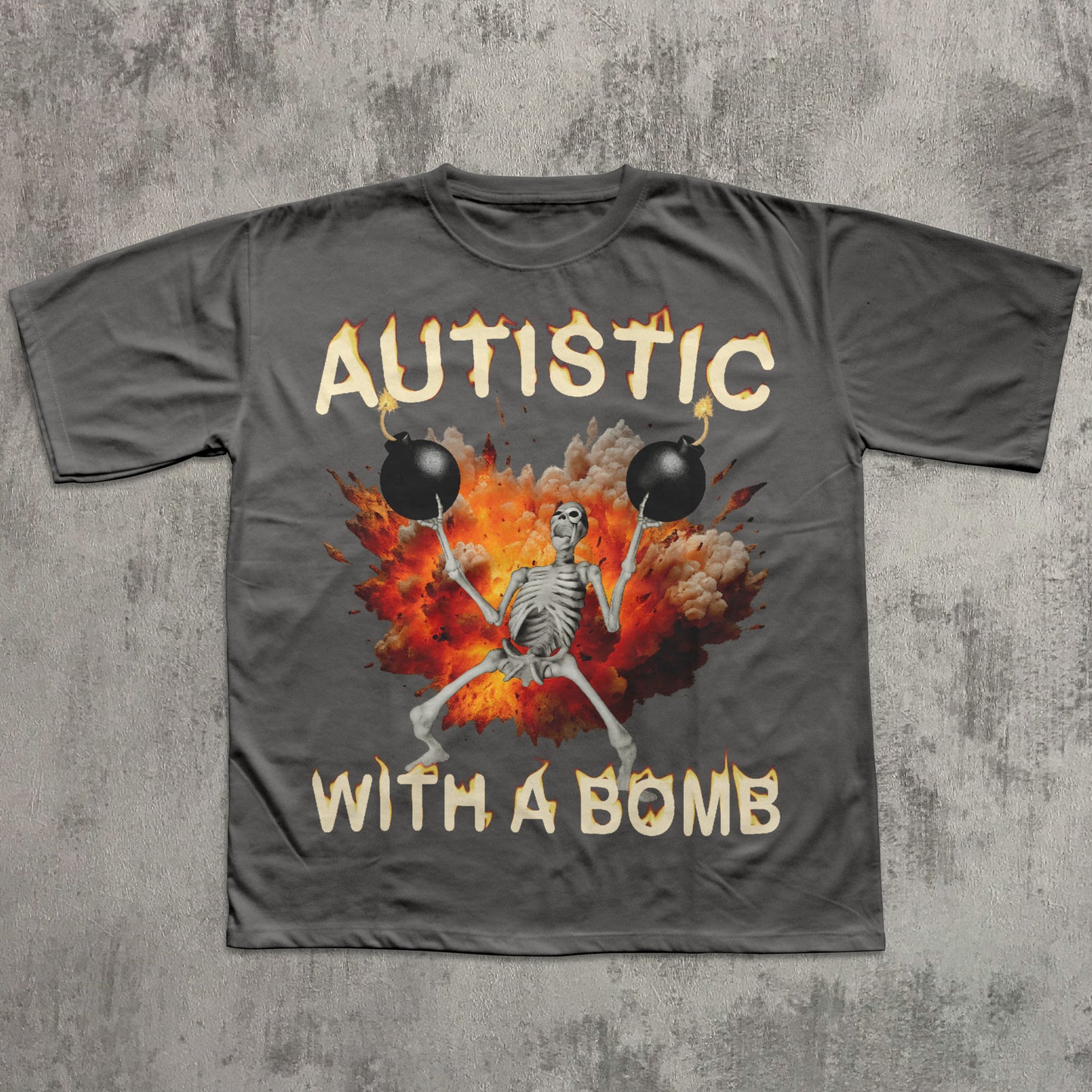 Gray t-shirt with a skeleton holding bombs and flames design on a textured gray background