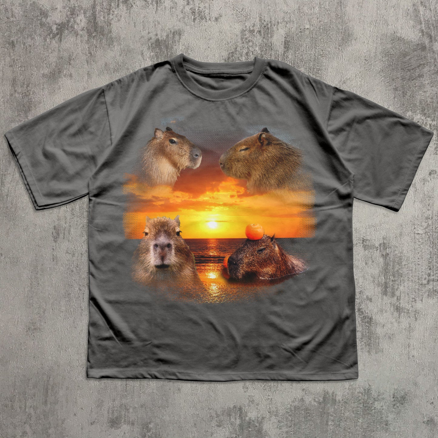 Gray t-shirt with capybara design on a sunset background