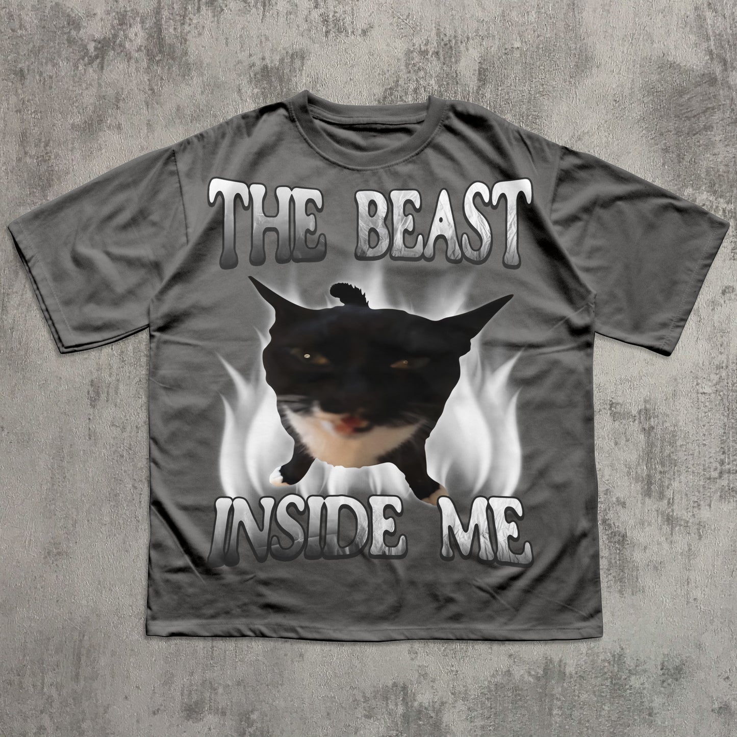 Gray t-shirt with a graphic of a cat and text 'The Beast Inside Me' on a textured gray background