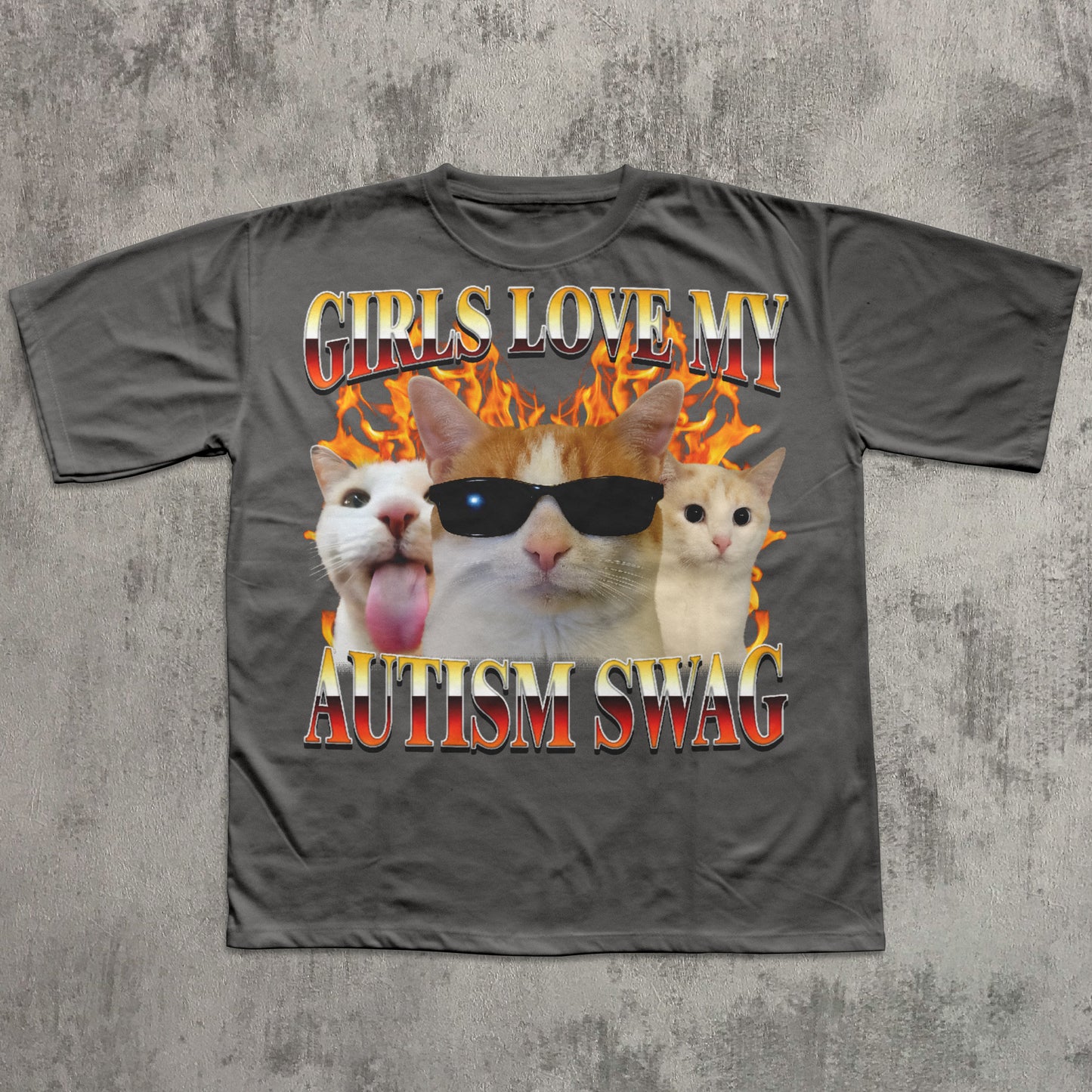 Gray t-shirt with cat graphic and text 'Girls love my autism swag' on a textured gray background