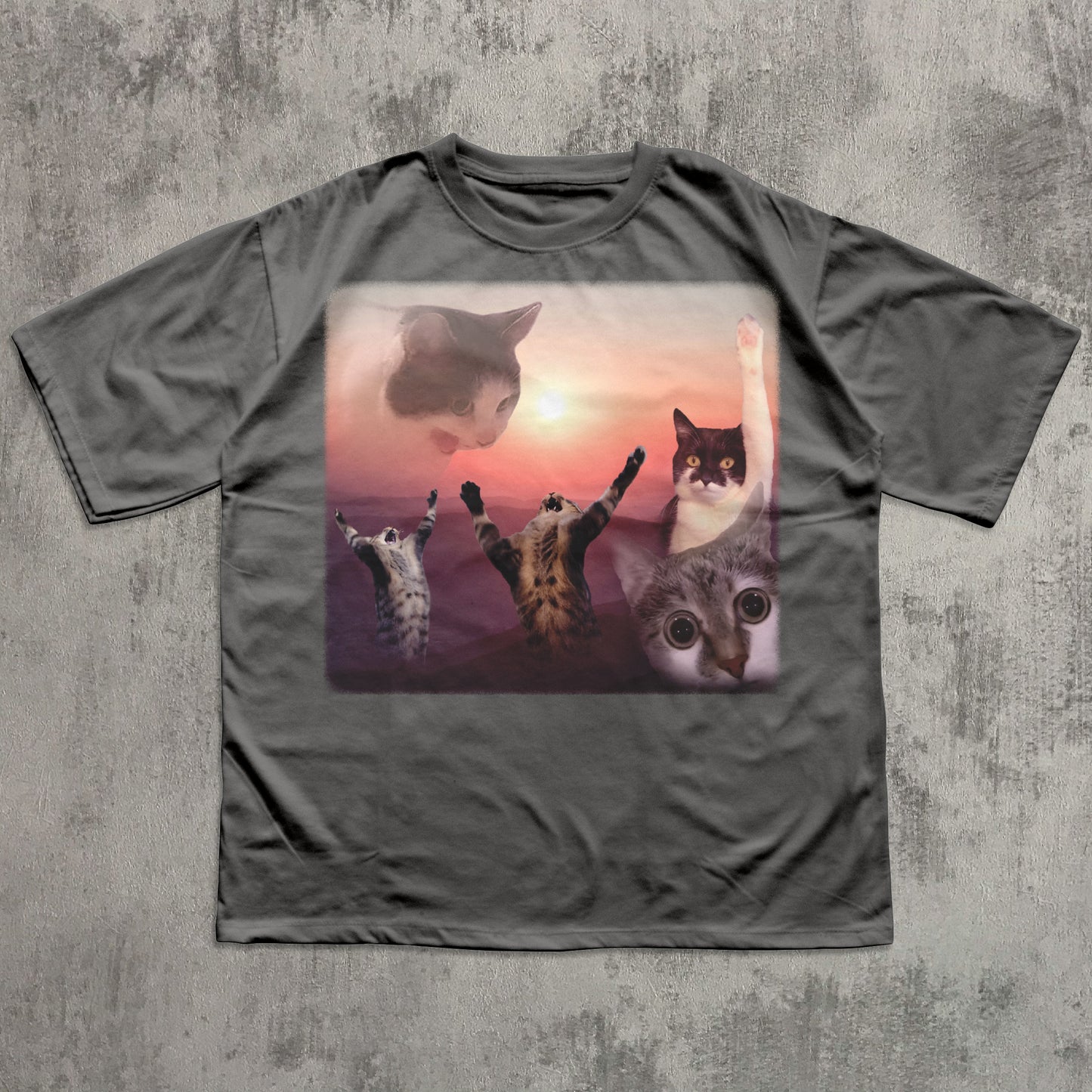 Gray t-shirt with a graphic of cats and a sunset design on a textured gray background
