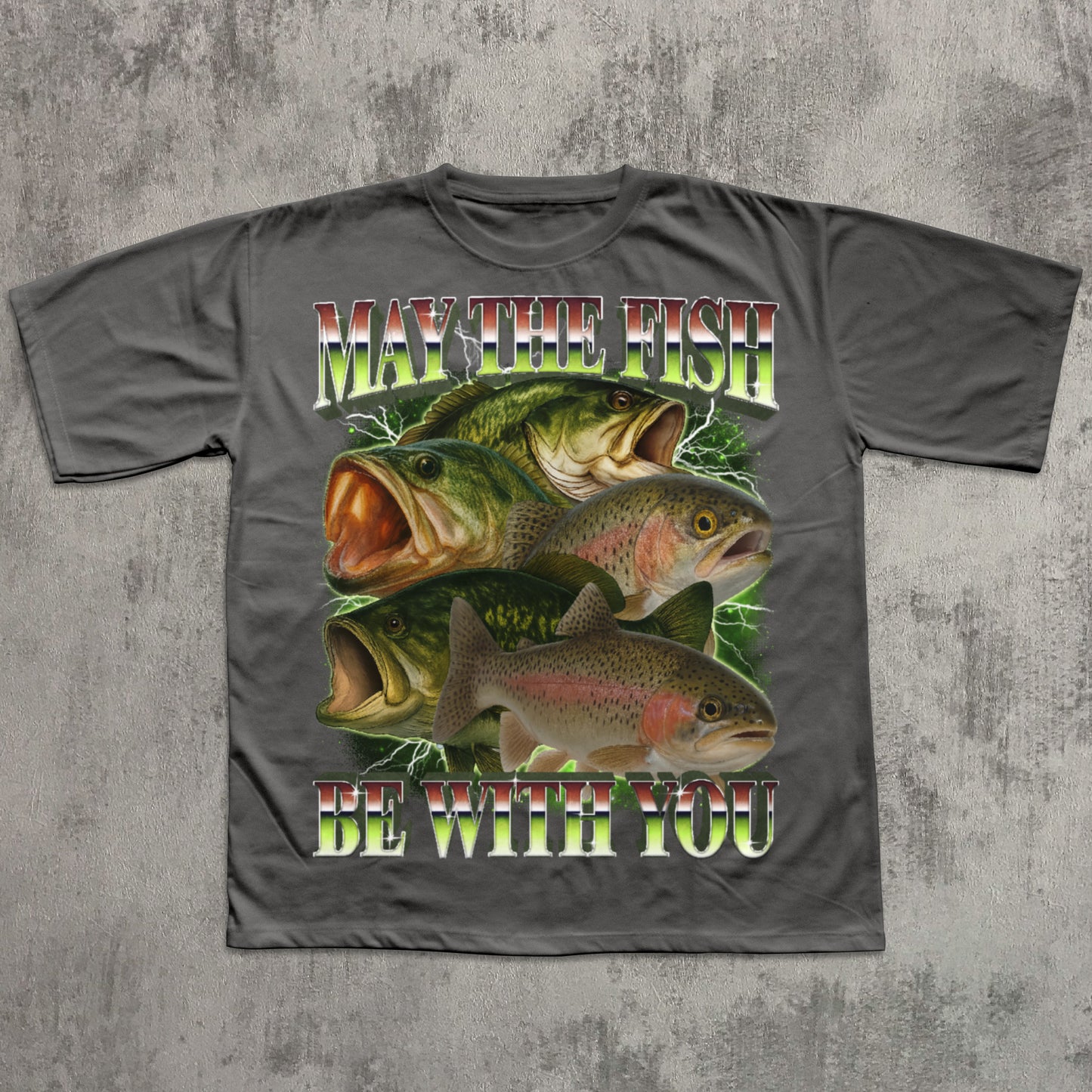 Gray t-shirt with fish graphic and text on a textured gray background