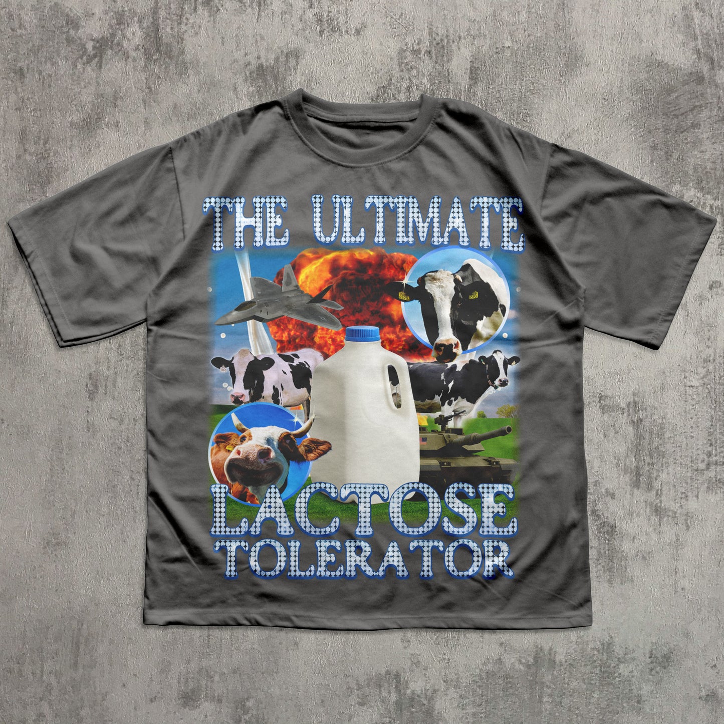Gray t-shirt with cow and milk bottle graphic and text on a textured gray background