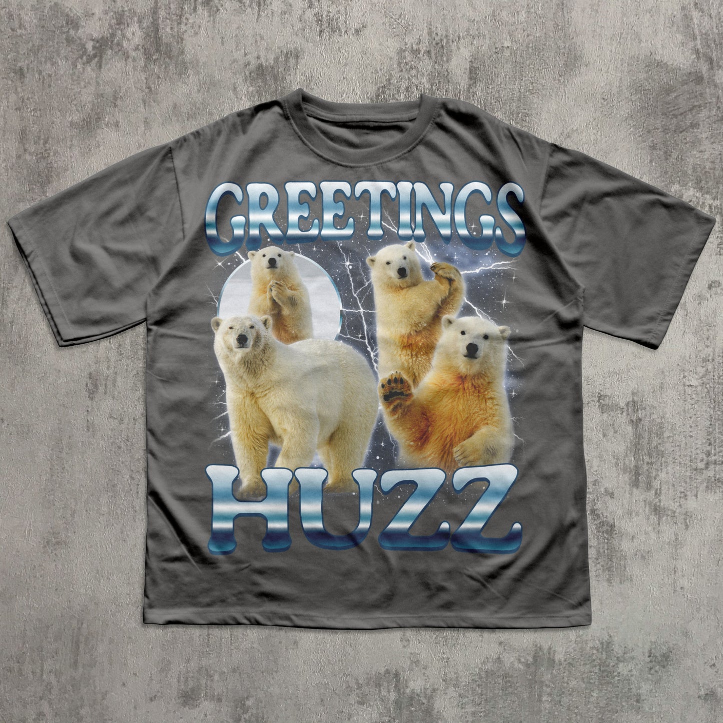 Gray t-shirt with polar bear graphic and 'Greetings HUZZ' text on a textured gray background