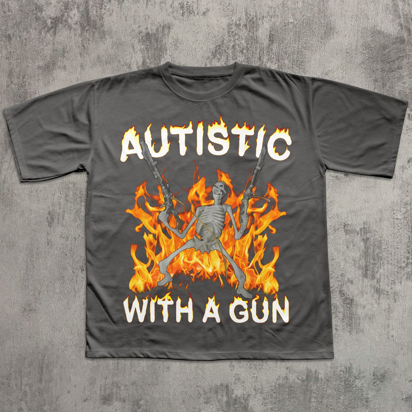 Gray t-shirt with a graphic design featuring flames and text on a textured gray background