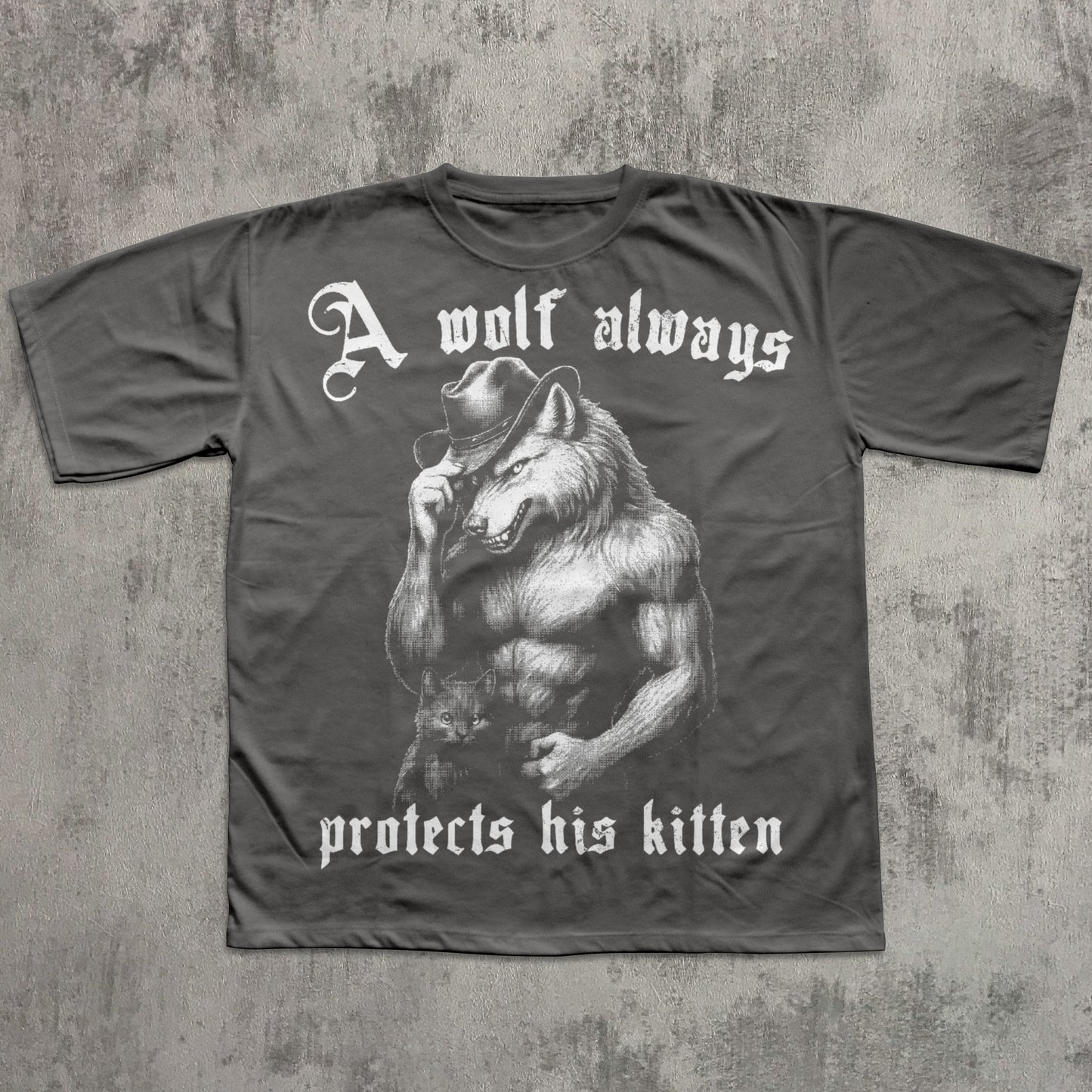 T-shirt with a graphic of a wolf wearing a cowboy hat and text on a textured gray background