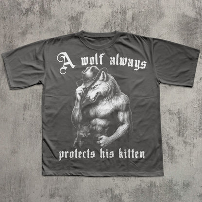T-shirt with a graphic of a wolf wearing a cowboy hat and text on a textured gray background