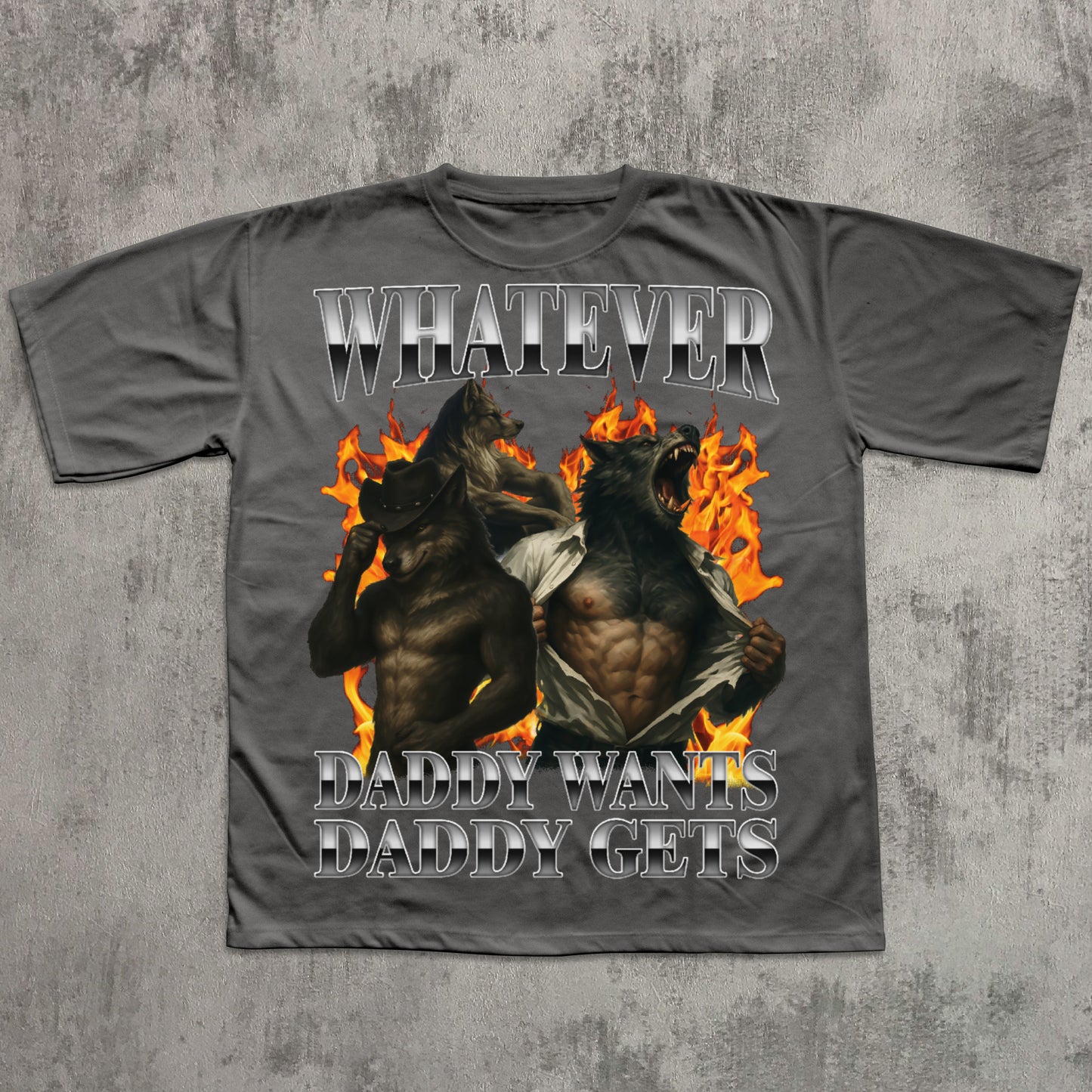 Gray t-shirt with graphic design and text on a textured gray background