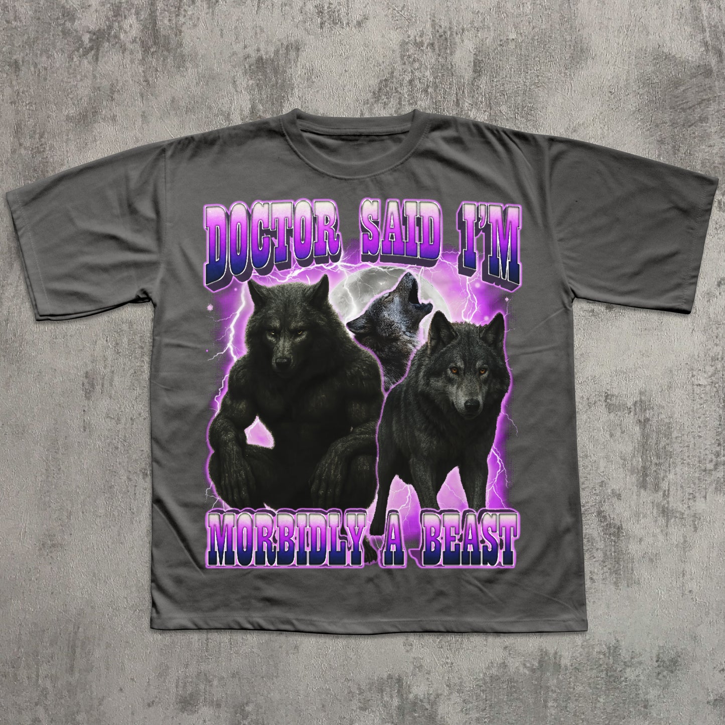Silver Funny wolf graphic T-shirt with muscular wolf artwork, purple lightning background, and meme text ‘Doctor said I’m morbidly a beast.’ Novelty wolf shirt for fans of gothic, fantasy, or meme apparel.
