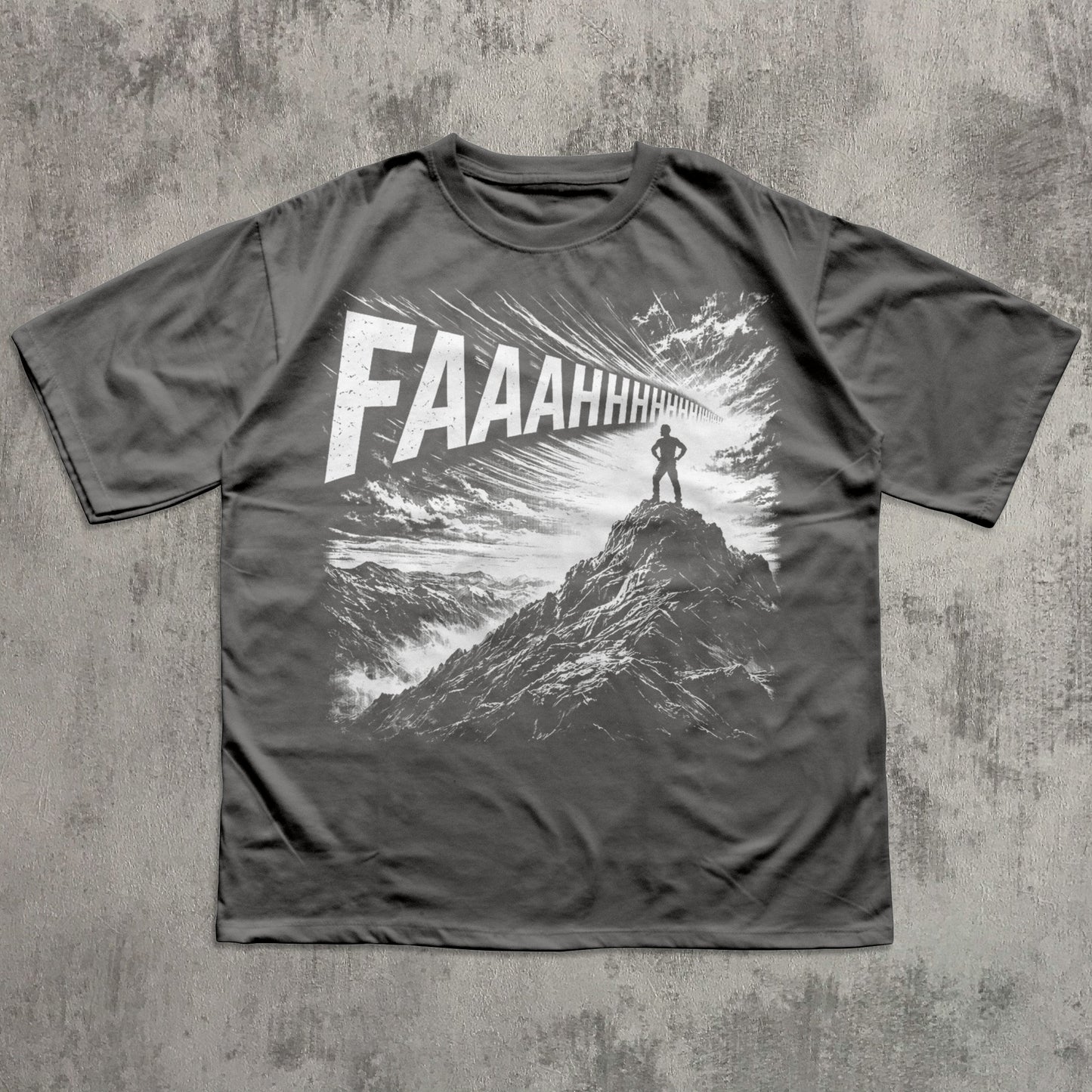 Gray t-shirt with graphic design and 'FAAAHHH' text on a textured gray background