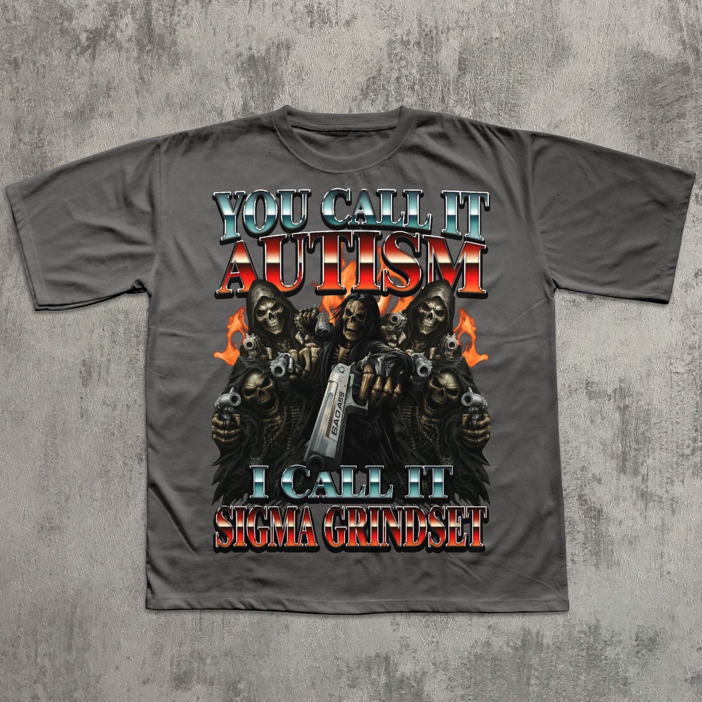 Gray t-shirt with graphic design and text on a textured gray background