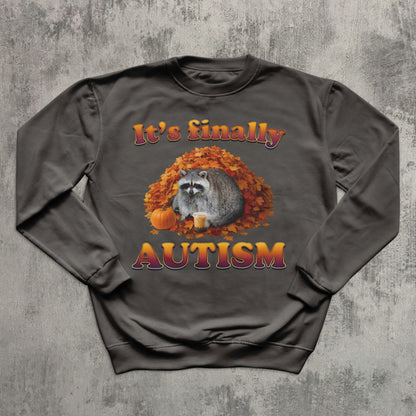 sweatshirt with raccoon and autumn design on a textured gray background