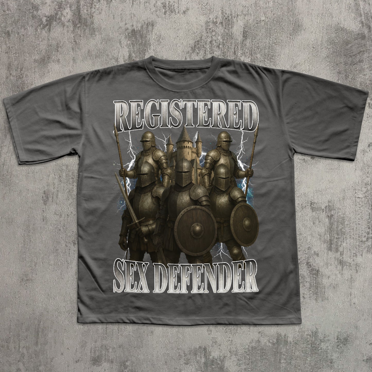 Gray t-shirt with warrior graphic and text 'REGISTERED SEX DEFENDER' on a textured gray background