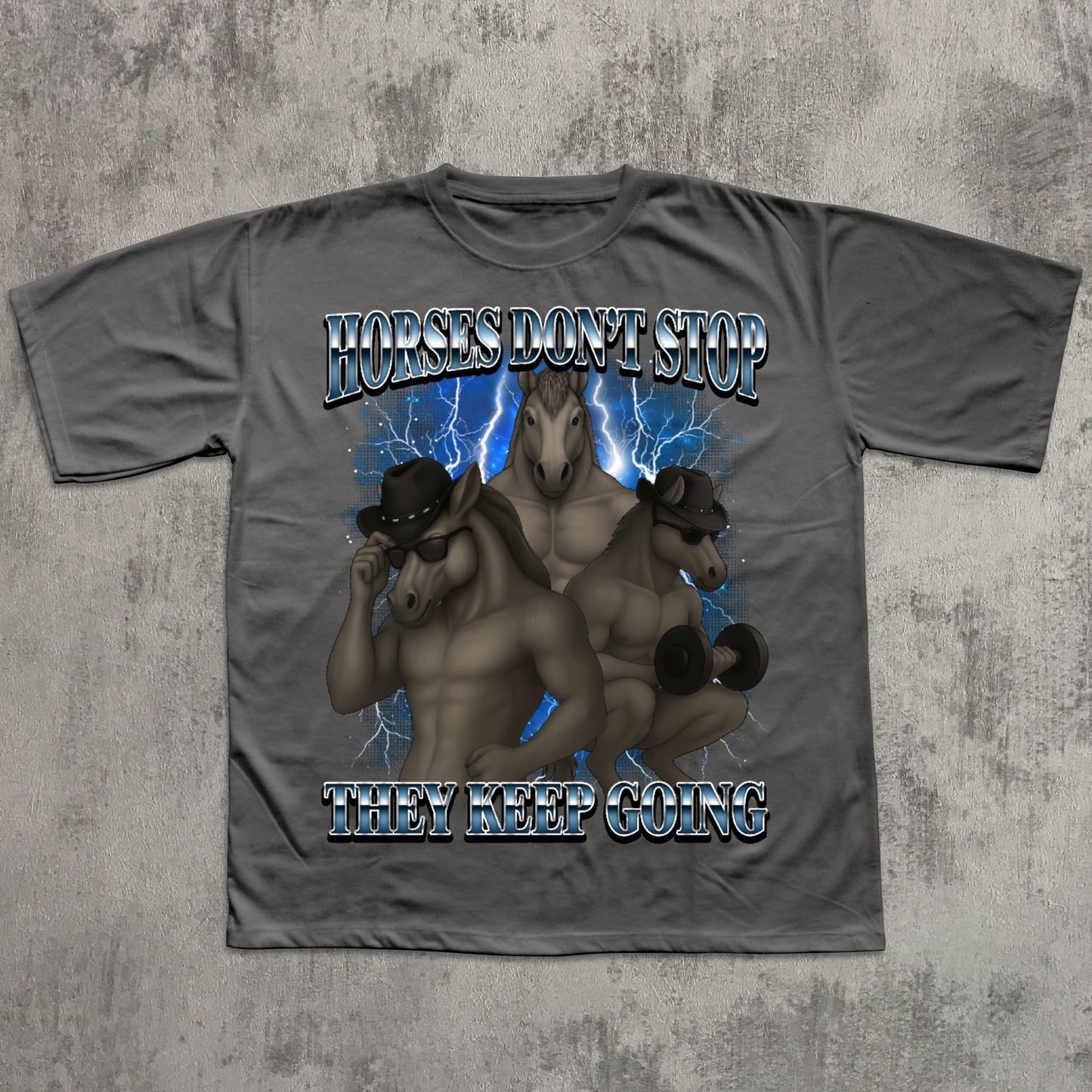 Gray t-shirt with horses and text "Horses Don't Stop they keep going"