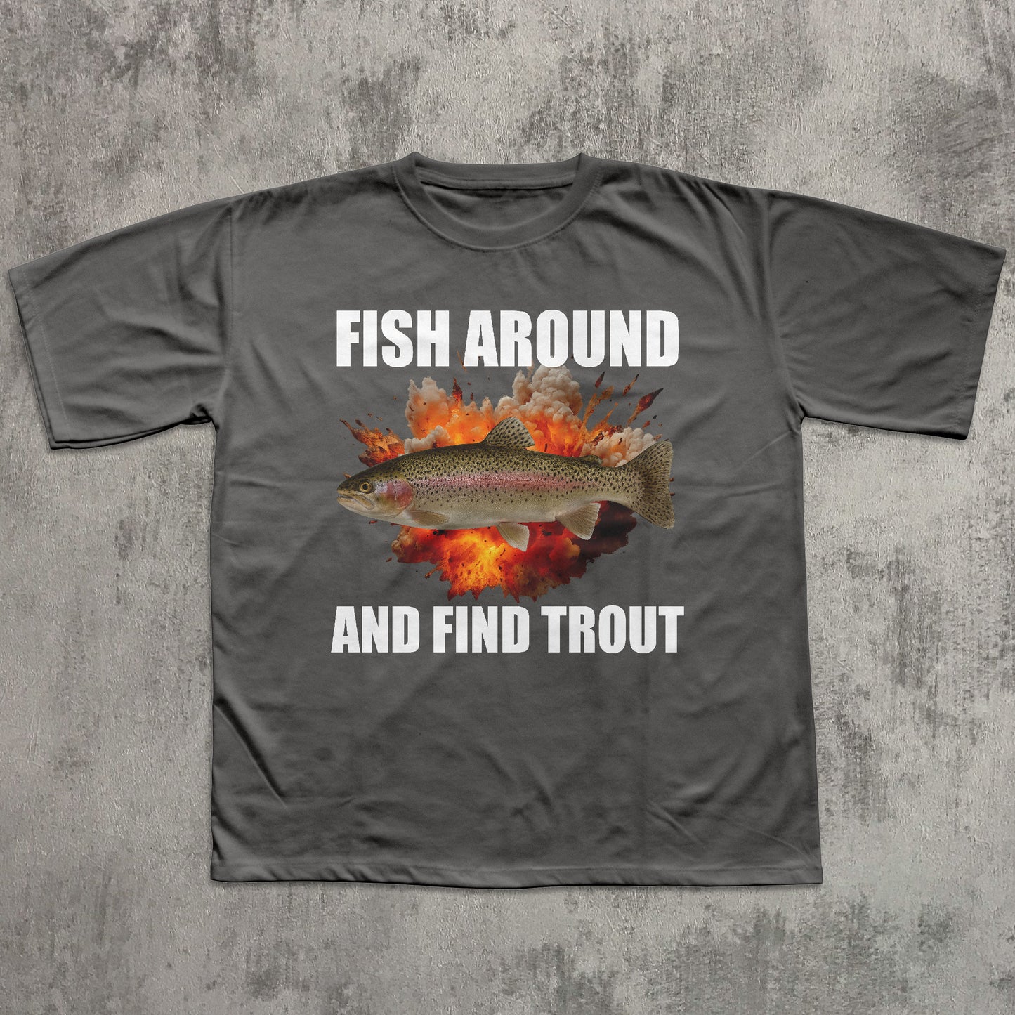 Gray t-shirt with a fish graphic and text on a textured gray background