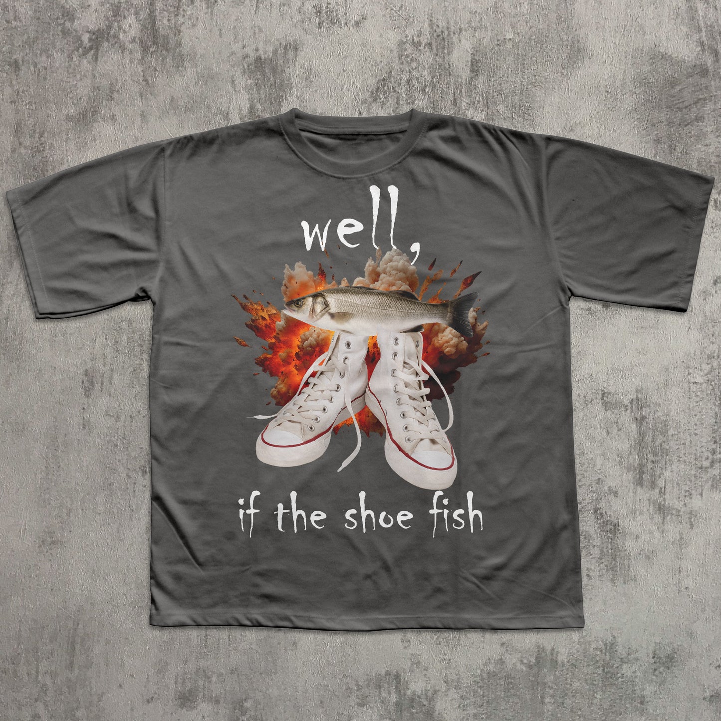 Gray t-shirt with graphic design of sneakers and text on a textured gray background