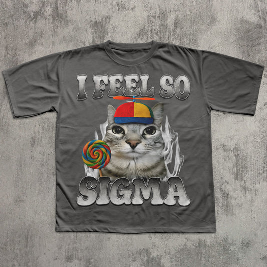 Gray t-shirt with a cat graphic and text 'I Feel So Sigma' on a textured gray background