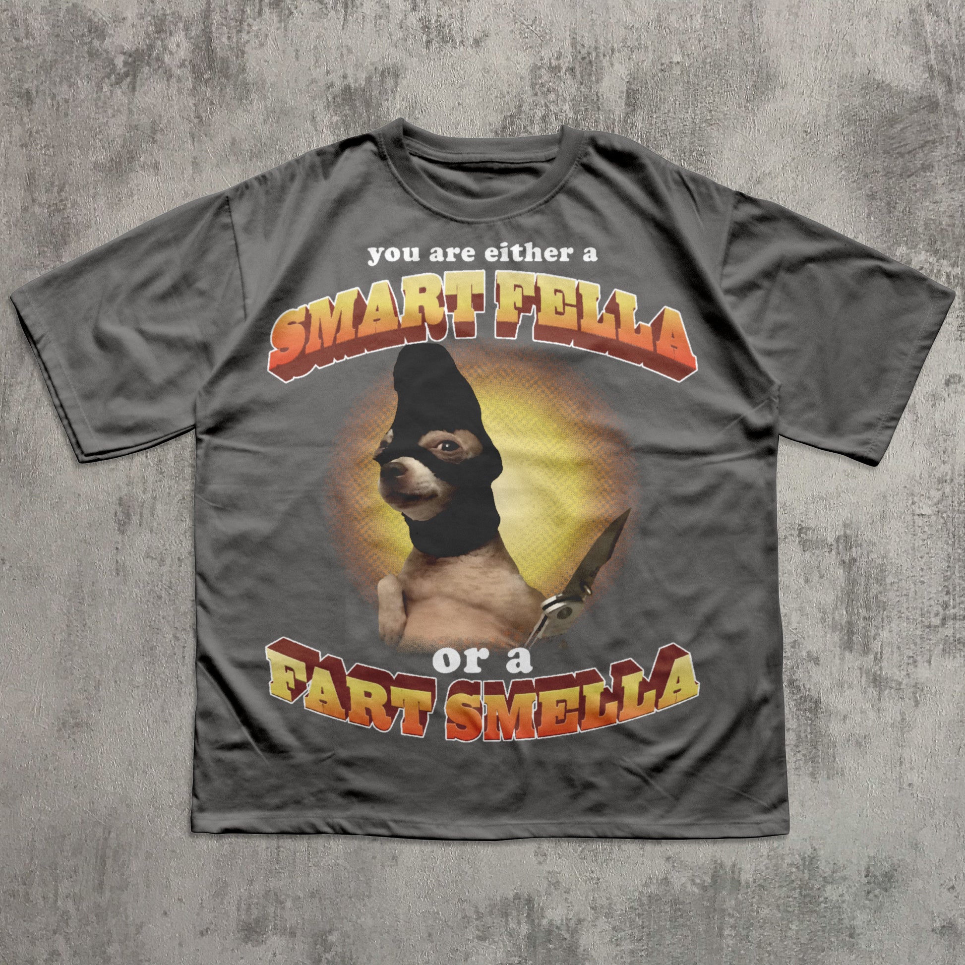 Gray t-shirt with a graphic of a dog and text on a textured gray background