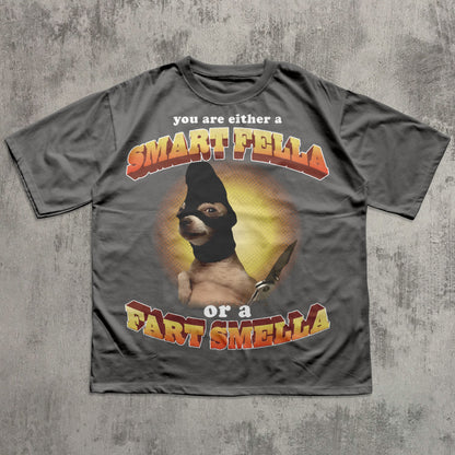 Gray t-shirt with a graphic of a dog and text on a textured gray background