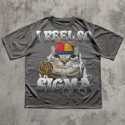 Gray t-shirt with a cat meme graphic and text on a textured gray background