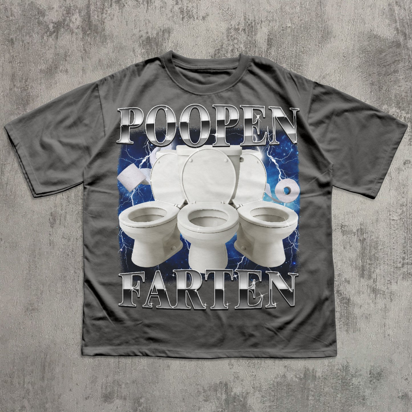 Gray t-shirt with a graphic of three toilets and the text 'POOPEN FARTEN' on a textured gray background.