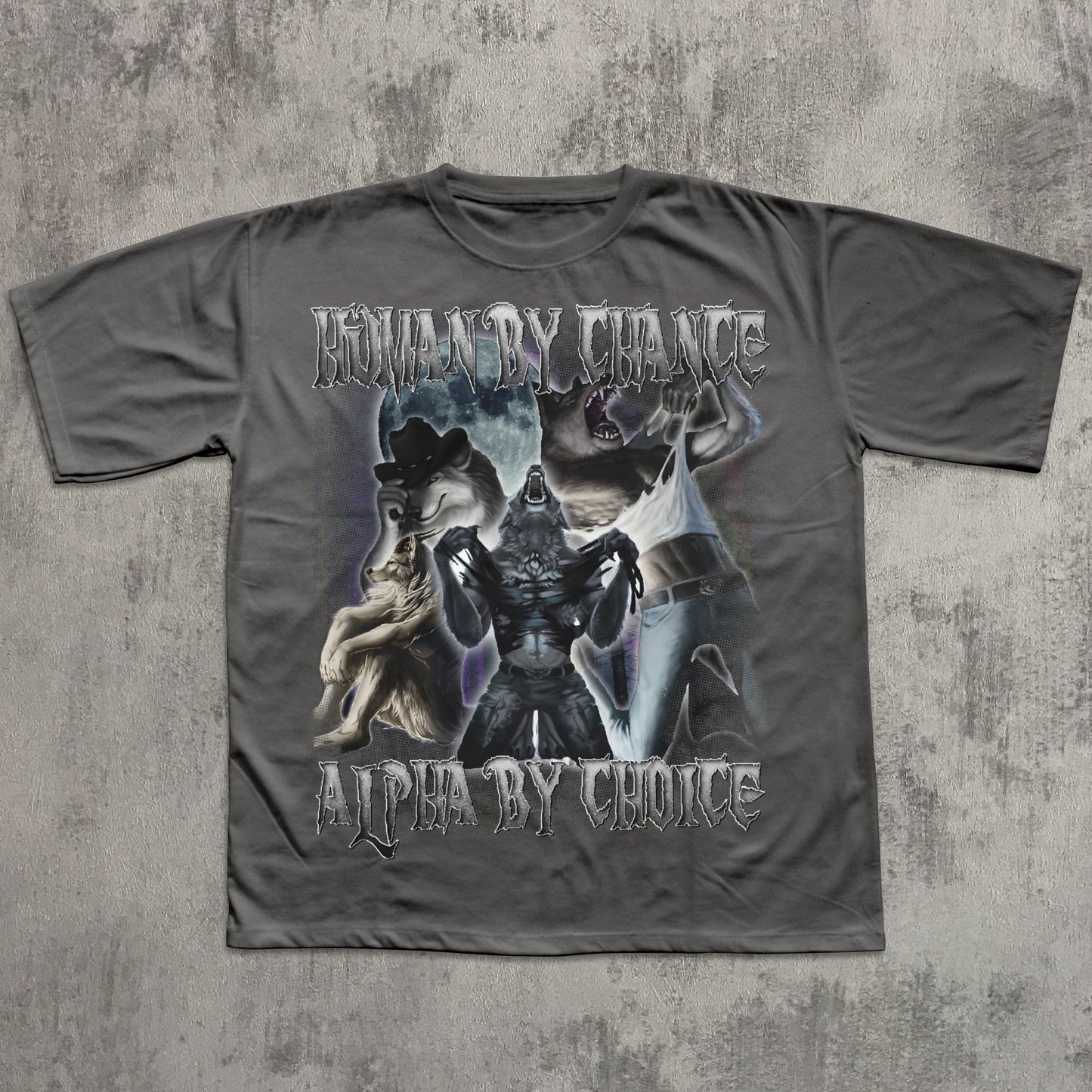 Gray t-shirt with graphic design and text on a textured gray background