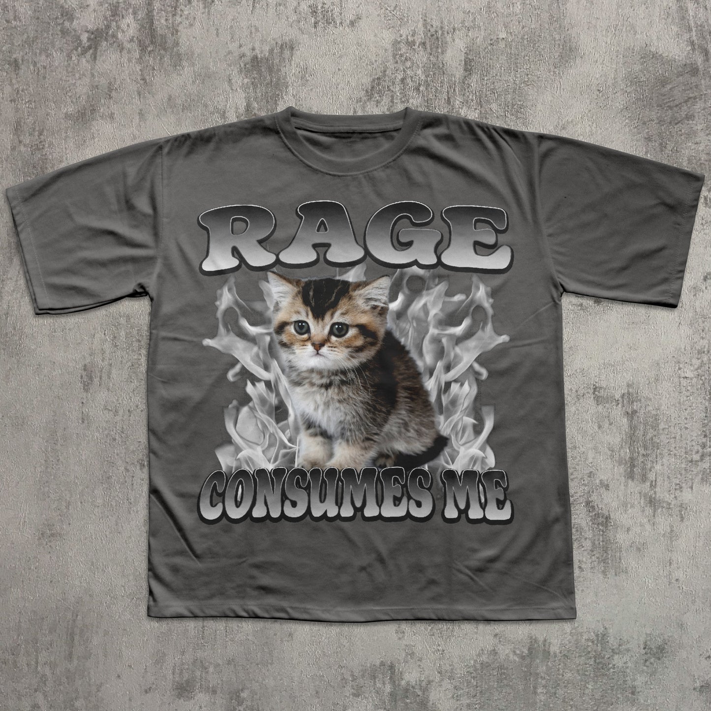 Gray t-shirt with a cat graphic and text 'RAGE CONSUMES ME' on a textured gray background