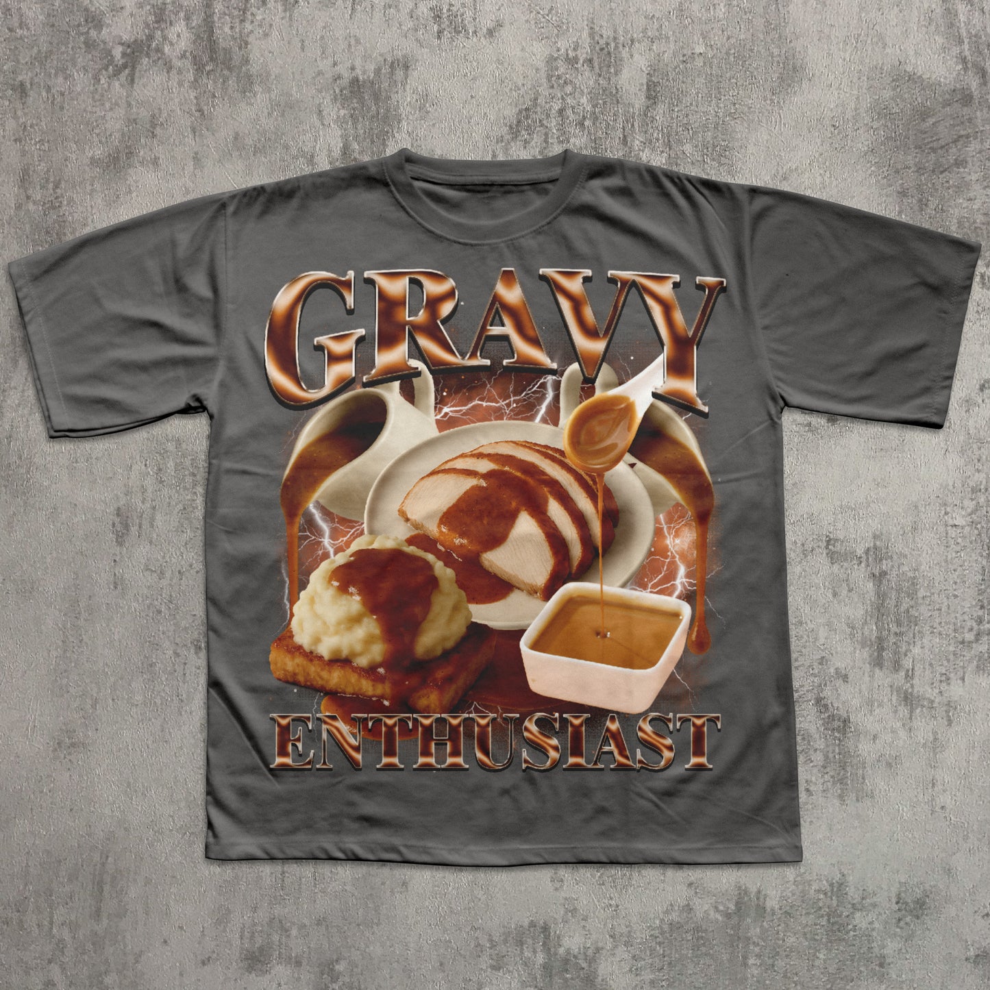 Gray t-shirt with 'Gravy Enthusiast' graphic design on a textured gray background