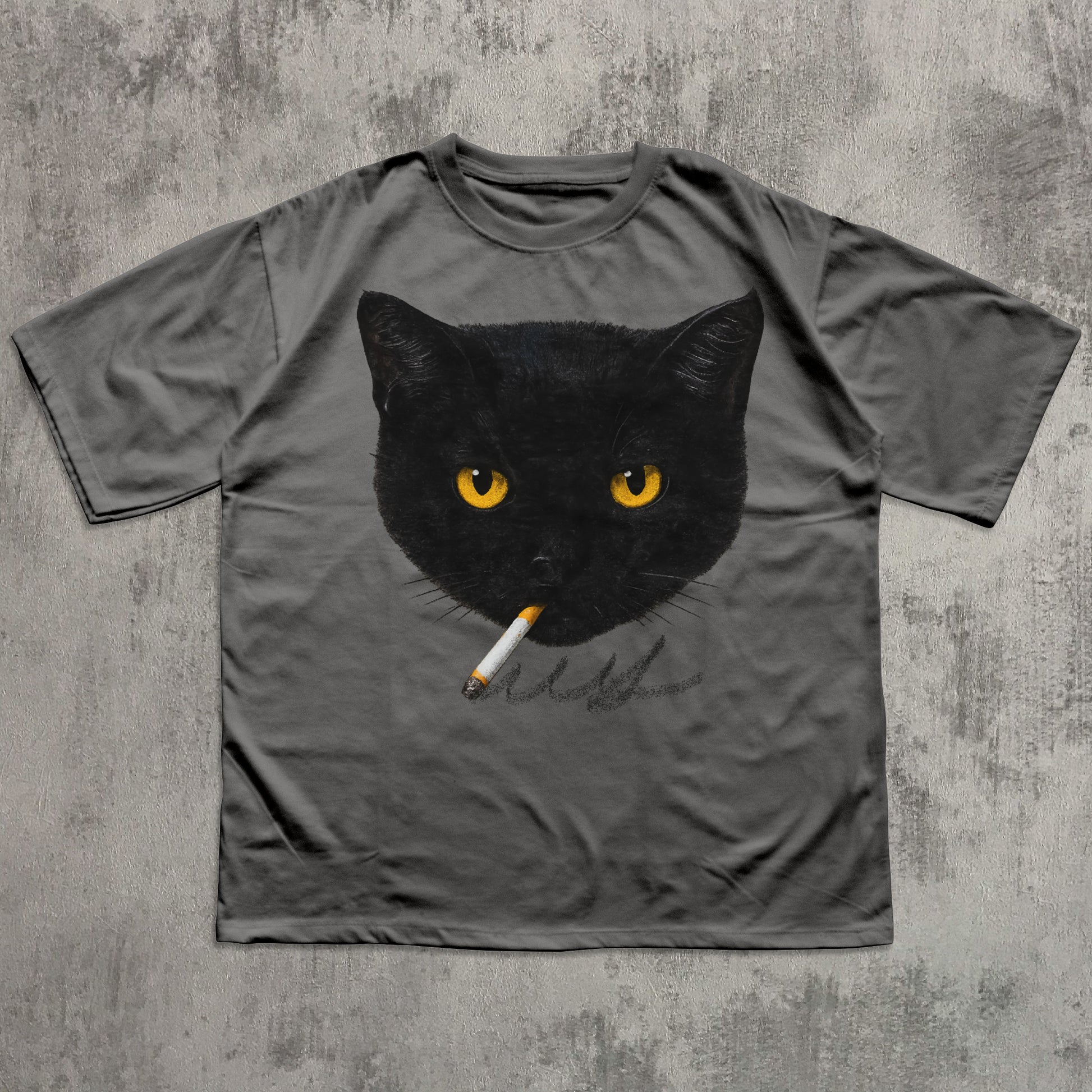 Gray t-shirt with a black cat graphic holding a cigarette on a textured gray background