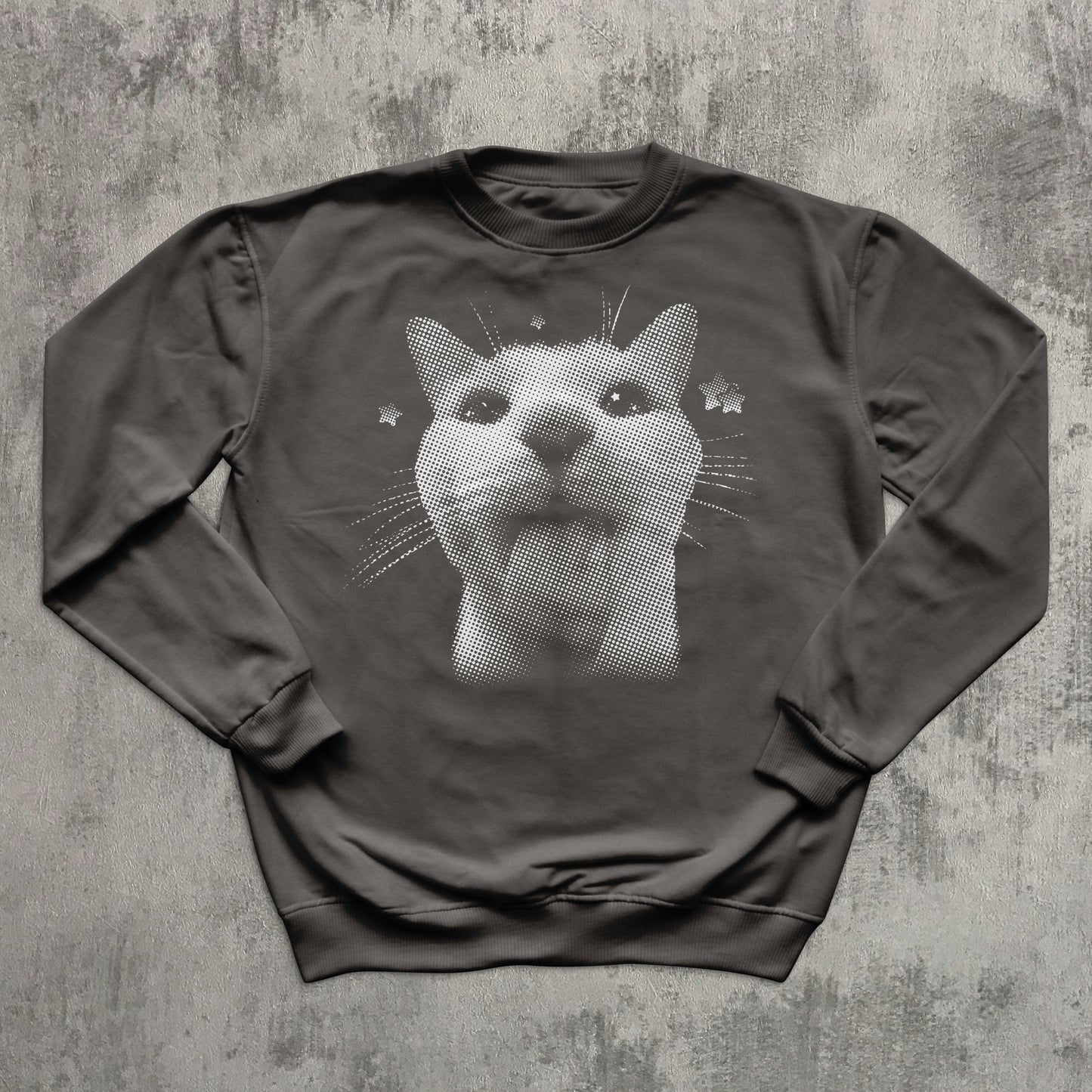 Gray sweatshirt with a cat graphic on a textured gray background