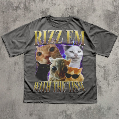 Rizz Em With The Tism Vintage Graphic Tee, Retro 90s Funny Cat Meme Shirt, Weird Shirts