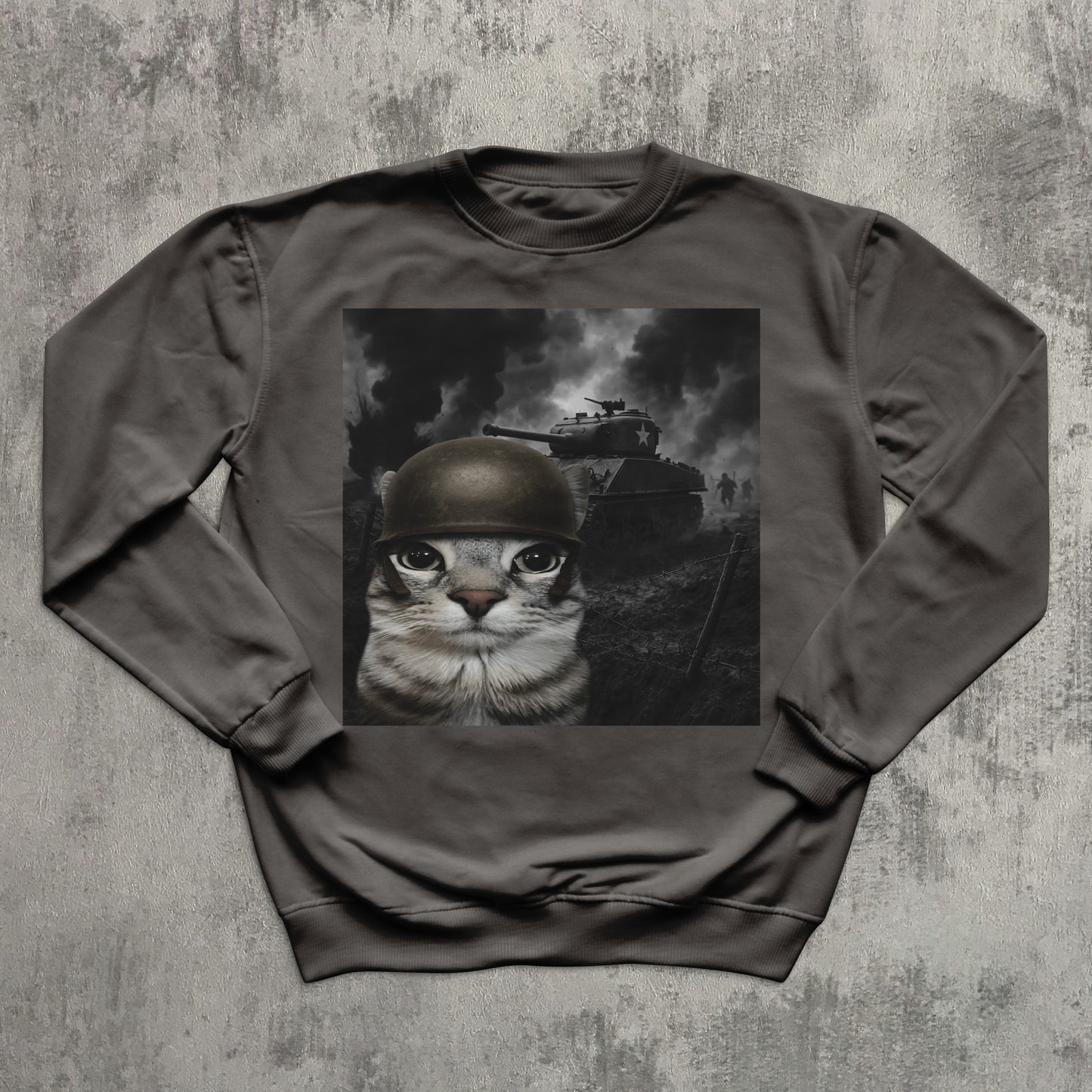Cat in Battlefield Funny Meme Sweatshirt, Stupid Gifts, Silly Cats Sweater, Kitten Soldier Sweatshirts, Weird Tops, Ugly Sweaters, Cat Lover