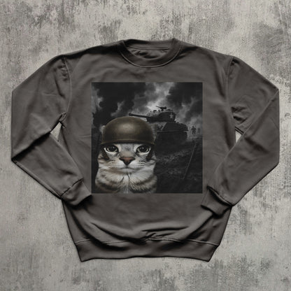 Cat in Battlefield Funny Meme Sweatshirt, Stupid Gifts, Silly Cats Sweater, Kitten Soldier Sweatshirts, Weird Tops, Ugly Sweaters, Cat Lover