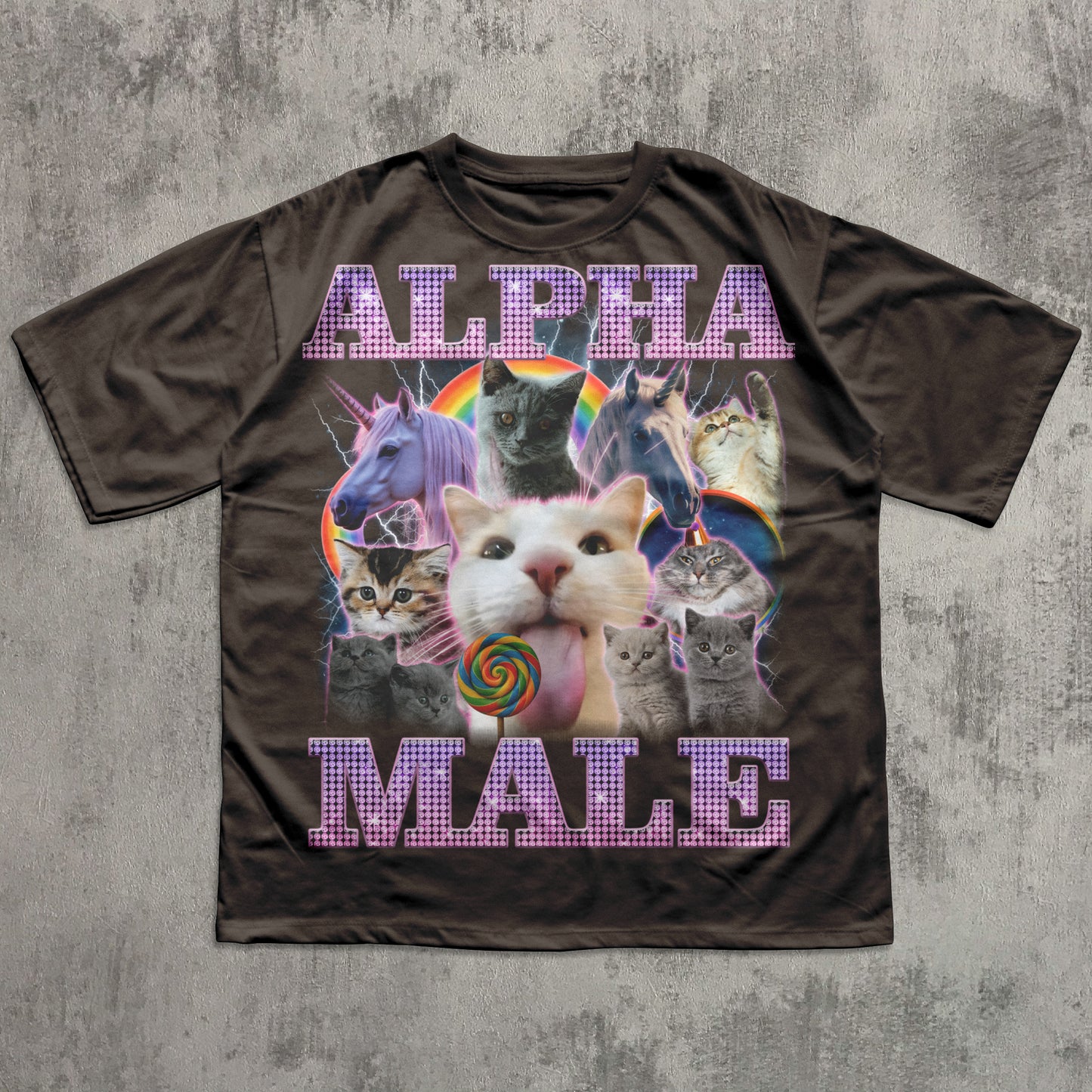 Funny Alpha Male cat T-shirt featuring cute kittens, unicorn artwork, and vibrant retro graphics on a brown unisex tee