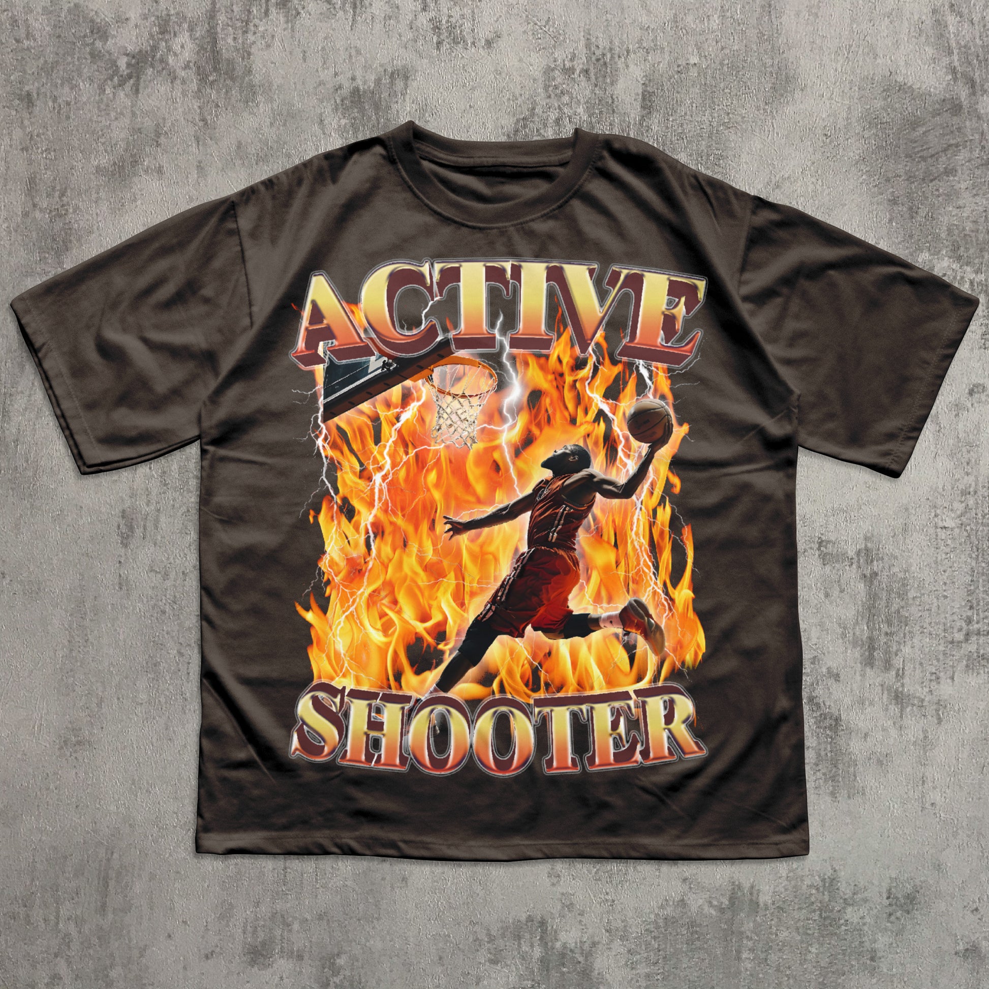  Funny Brown t-shirt with 'Active Shooter' graphic design on a textured gray background