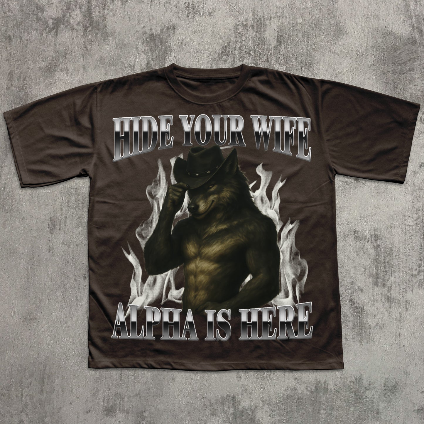 T-shirt with graphic design and text on a textured surface