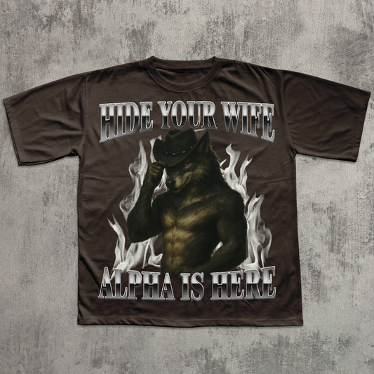 T-shirt with graphic design and text on a textured surface