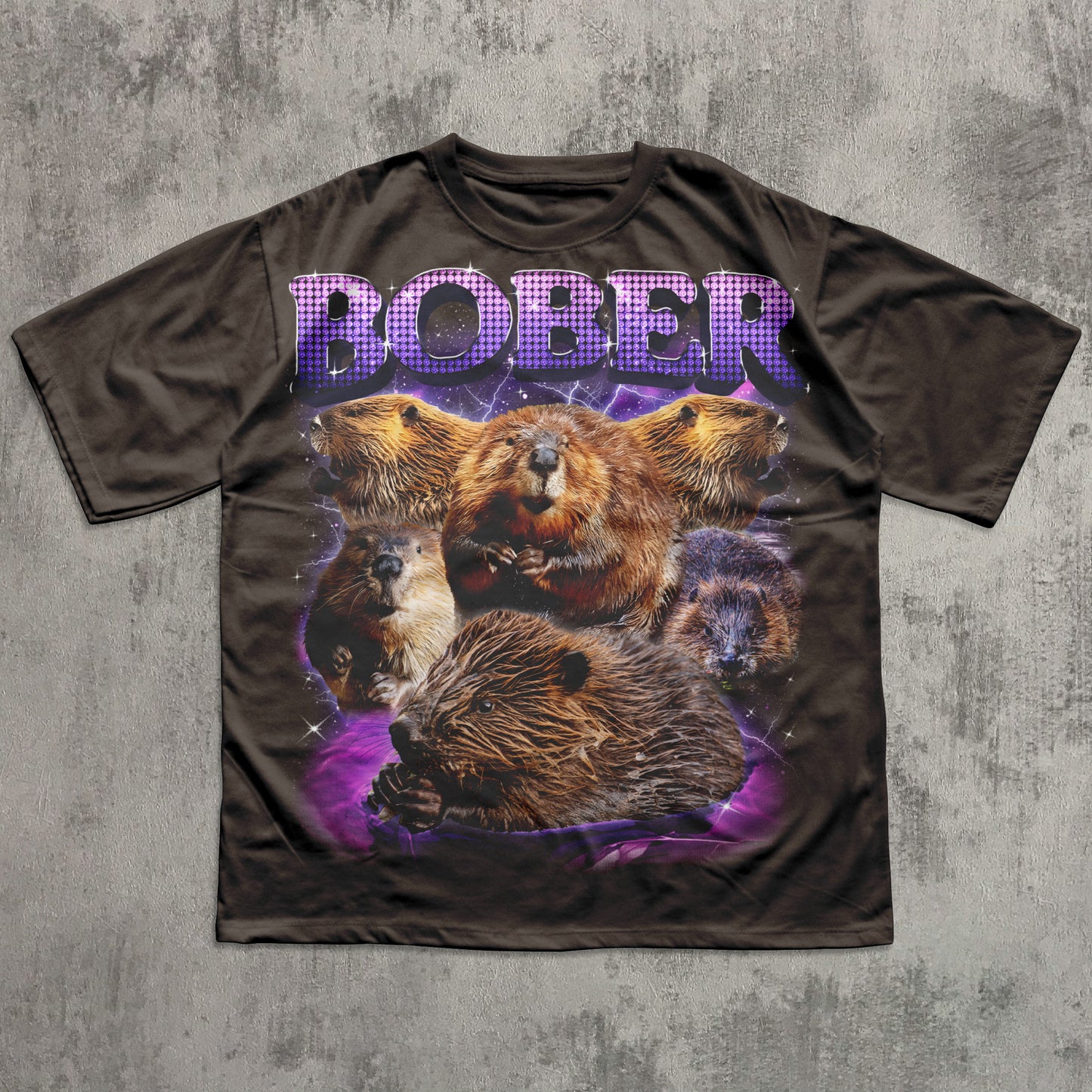 T-shirt with beaver design and 'BOBER' text on a textured gray background