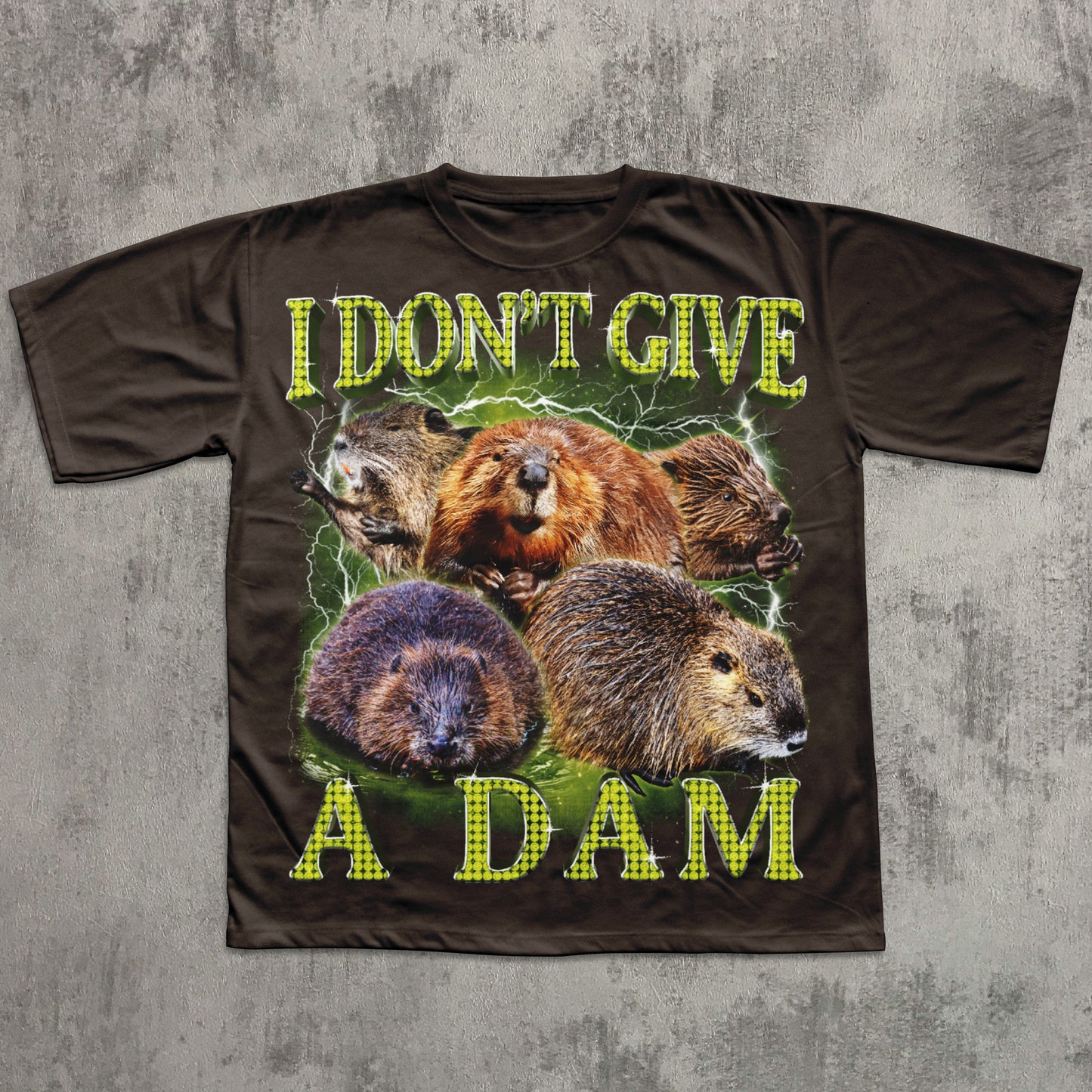 Funny beaver T-shirt with ‘I Don’t Give A Dam’ slogan on brown shirt.