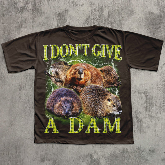 Funny beaver T-shirt with ‘I Don’t Give A Dam’ slogan on brown shirt.