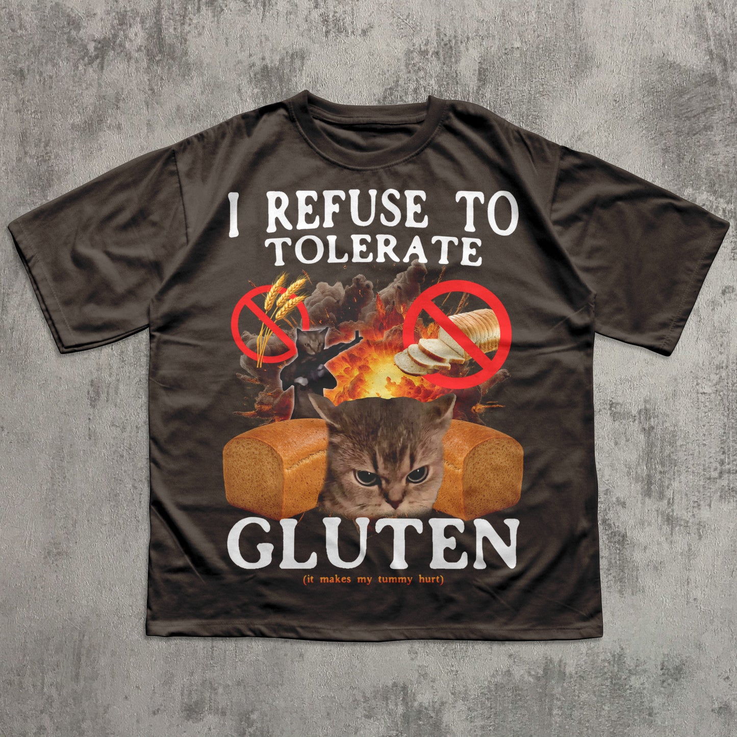 T-shirt with a cat graphic and text on a textured gray background