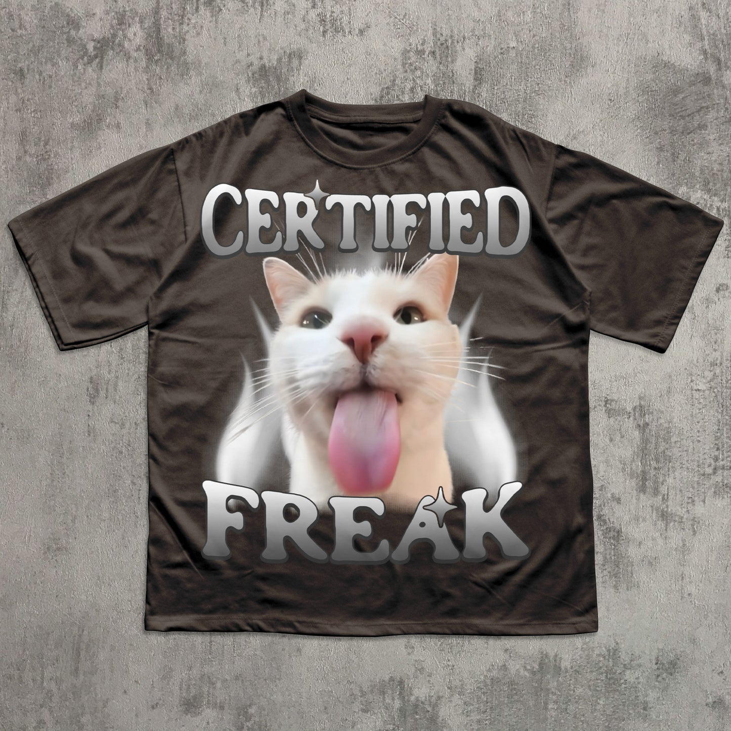 T-shirt with a cat graphic and 'Certified Freak' text on a textured gray background