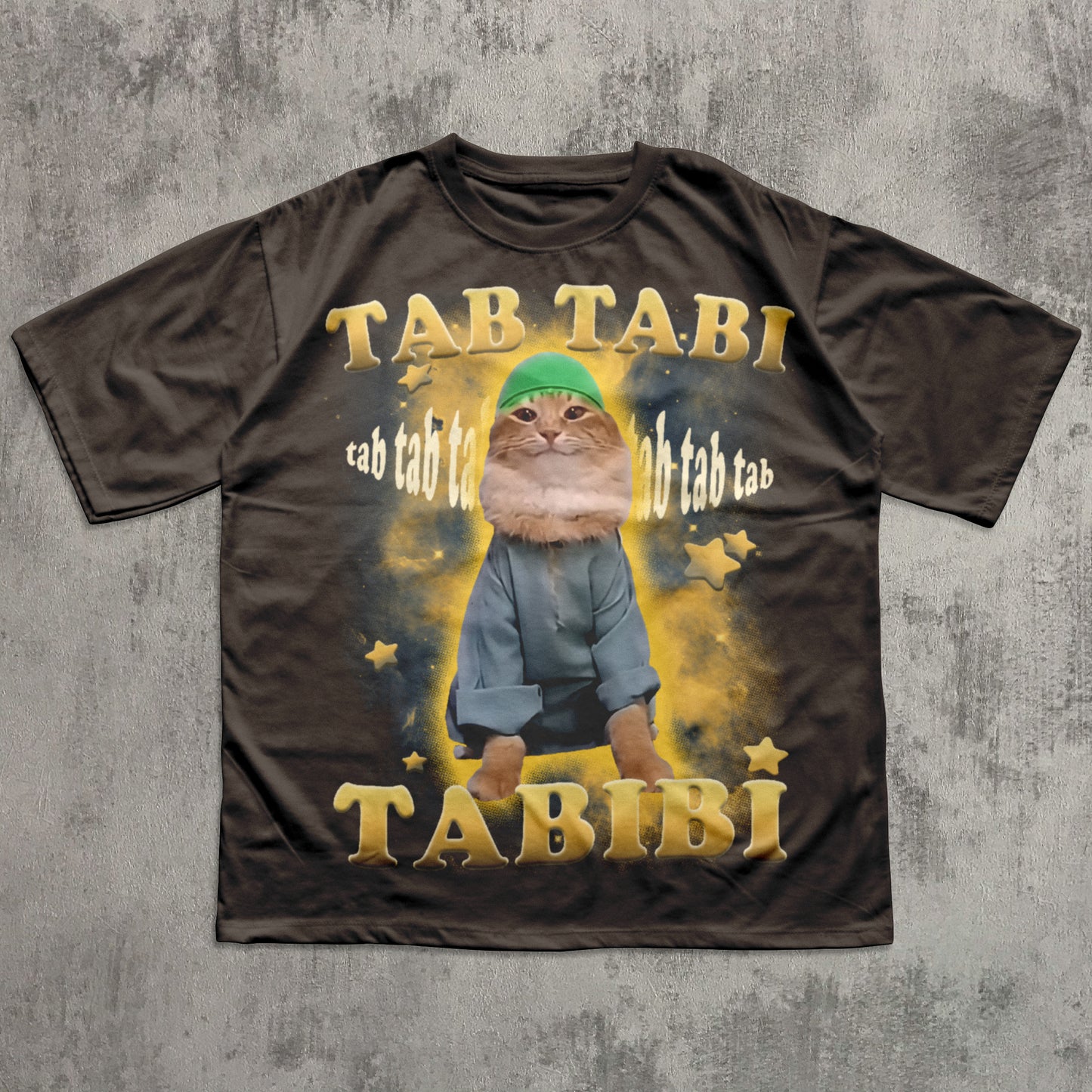 Funny T-shirt with a cat graphic and text on a textured gray background
