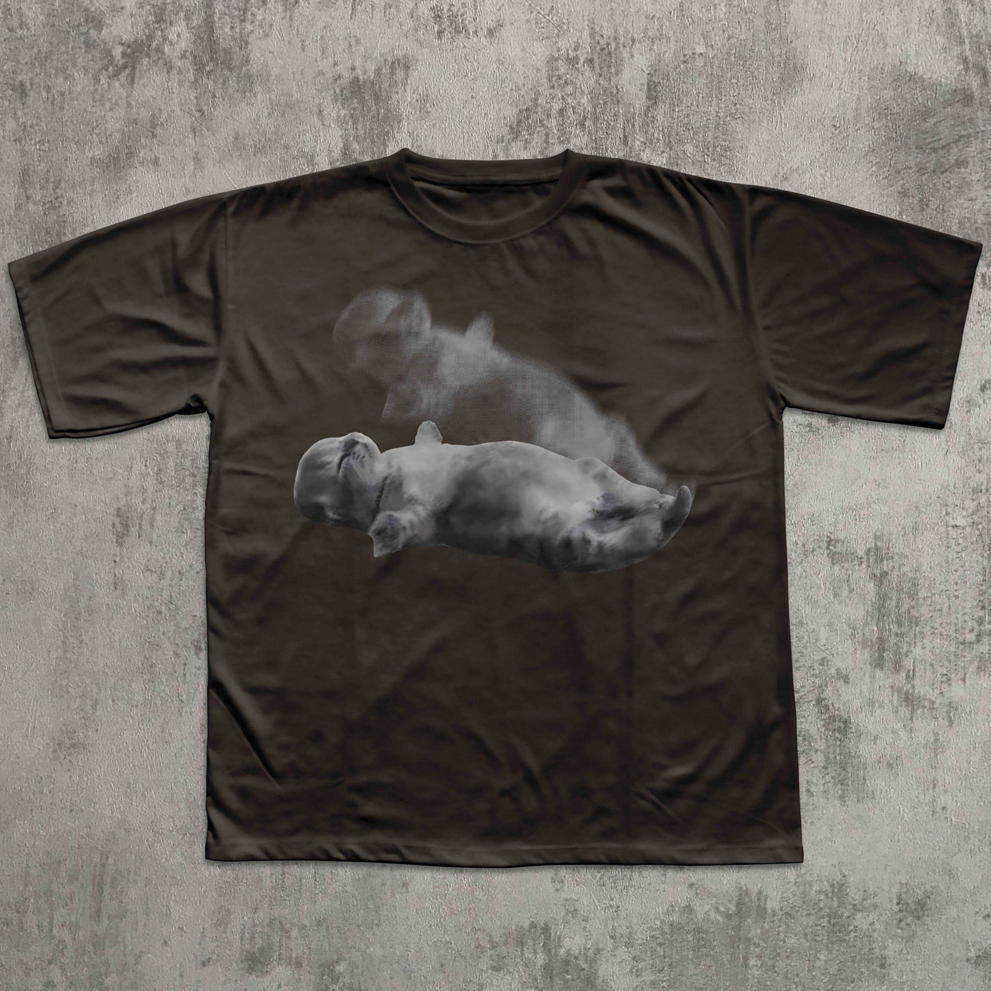 Brown t-shirt with a graphic of two bears on a textured gray background